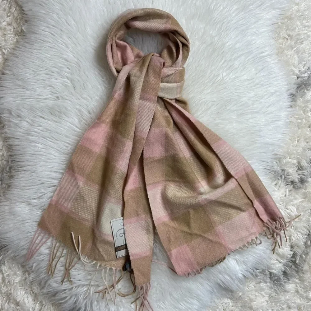LOUISA PERINI Pink and Tan Plaid Scarf 100% Cashmere